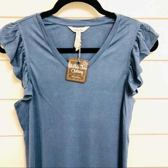 Matilda Jane Far Away Flutter Sleeve Blue-Gray Midi Sheath Dress Size Small NWT - Picture 9 of 16